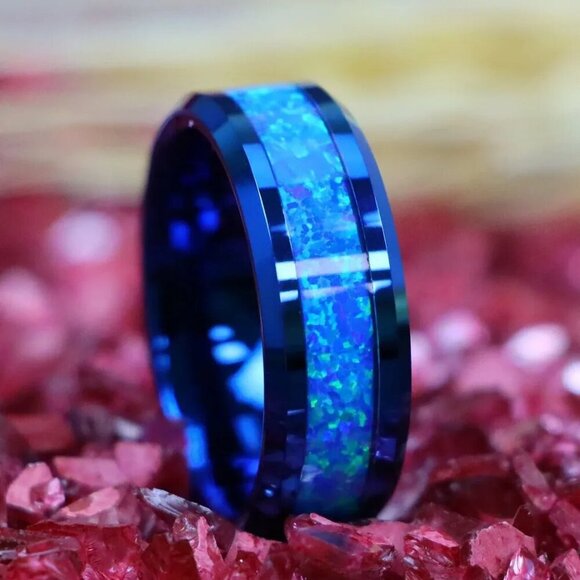 Tungsten Steel Carbide Ring with Center Blue Fire Opal Inlay statement piece - Picture 2 of 7